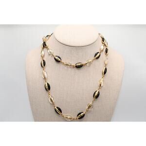 Vintage Swarovski Black Clear Crystal Gold Tone Long Necklace 34”